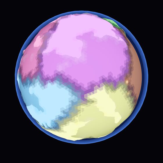 Plate view: each tectonic plate in its own colour